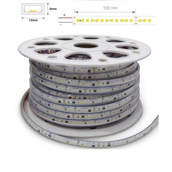 Tira LED 230V monocolor 19W/mt 120L/mt. SMD 2835 IP67 12x6mm corte cada 100mm, Bobina 50mts x 5,70€/m